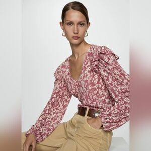 Mango Floral Ruffle Blouse - Pink Size Extra Large